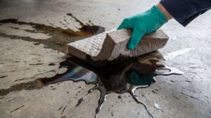 Cleaning an oil spill on a polished concrete floor