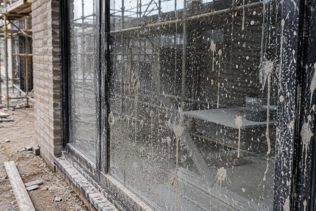 construction grit and mortar on a window on a construction site