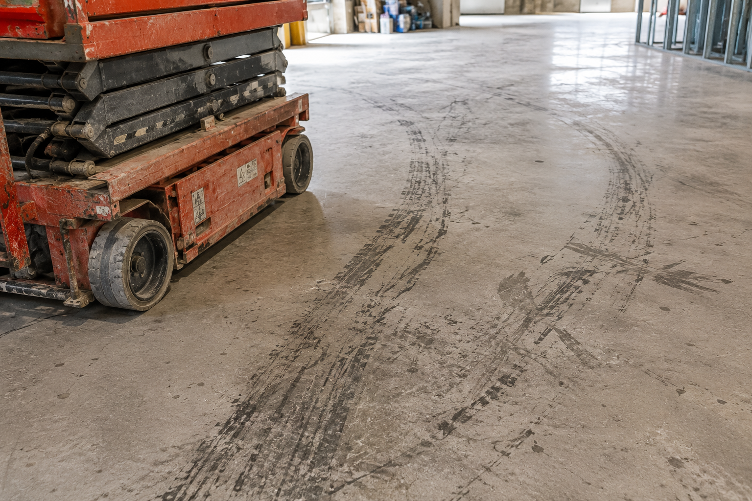 scissor lift damage on a concrete floor on a construction site