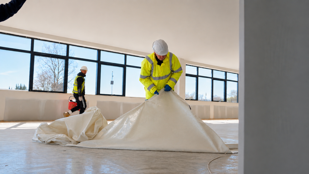 construction worker peeling Floordefend from a concrete floor on a construction site