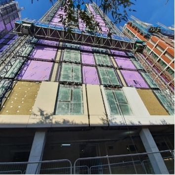 external glass protection on a building during construction