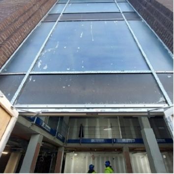Large glass facade protected with Protectapeel from external damage during construction