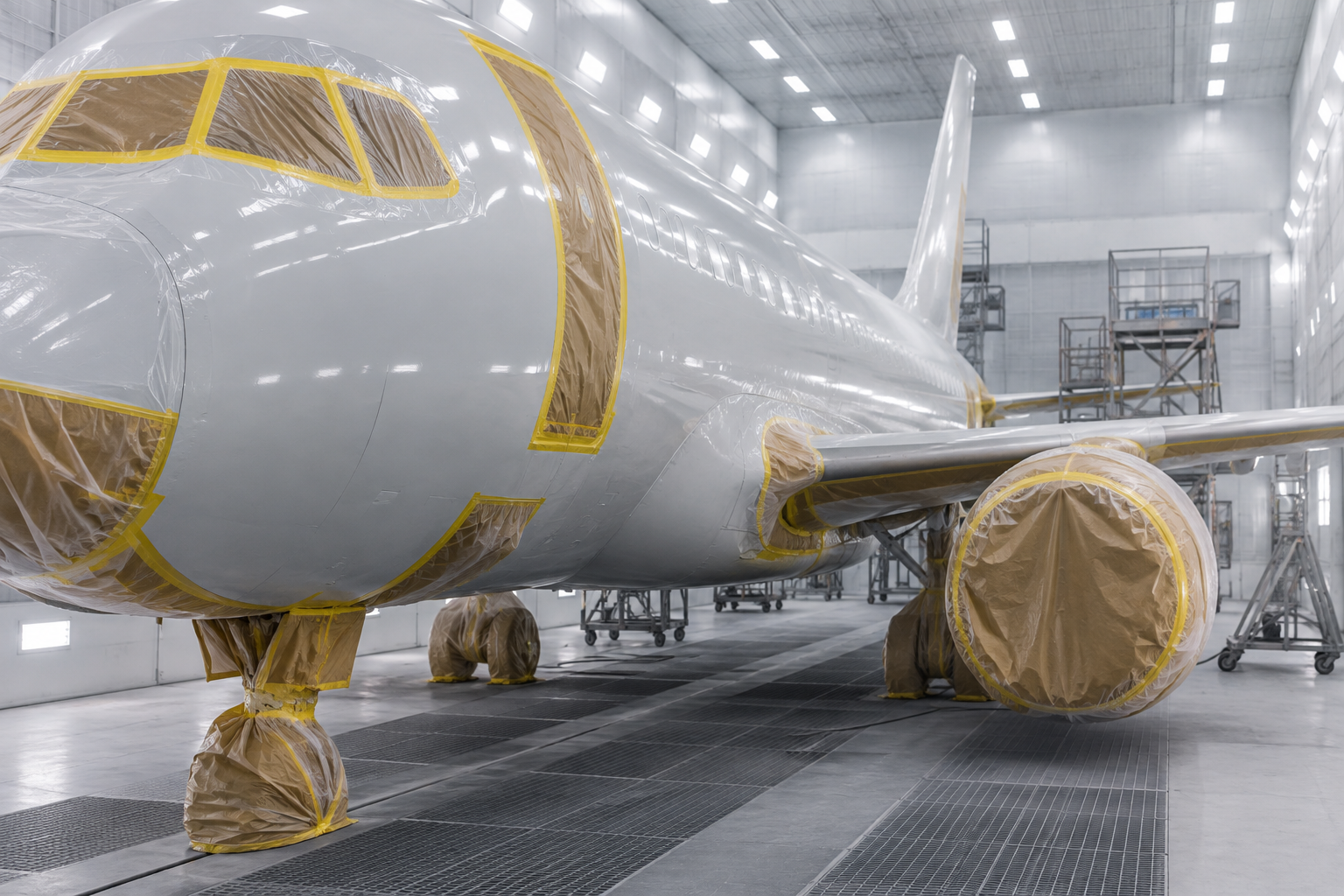 Aircraft masked for painting as part of FOD prevention during aircraft painting operations