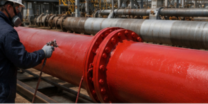 Applying Protectapeel Anti Rust by airless spray gun to a metal pipe for external storage