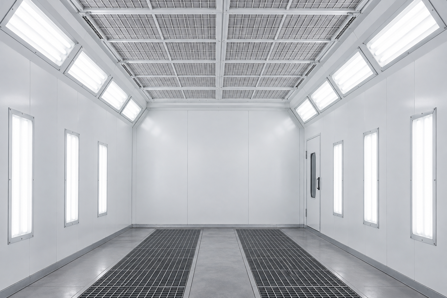 The inside of a spraybooth showing clean walls and spraybooth lighting