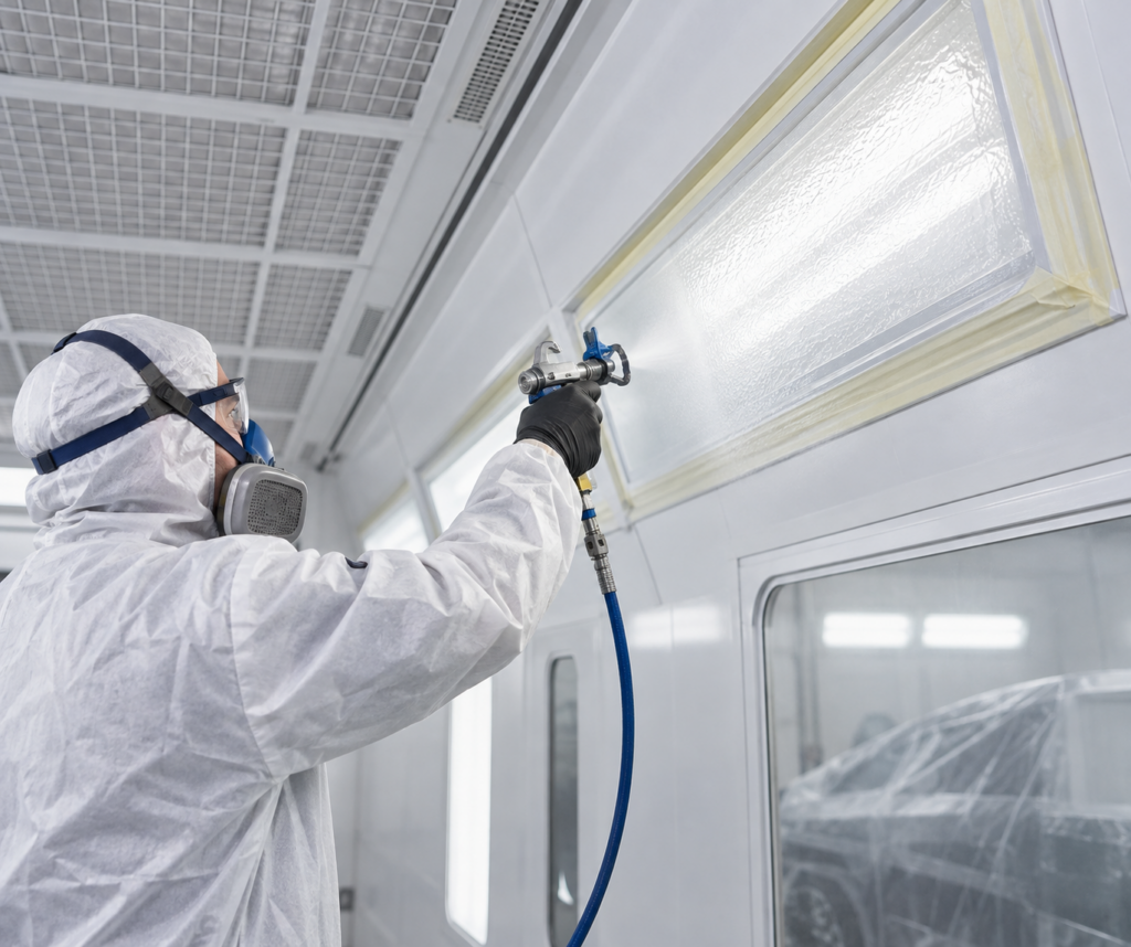 Applying Protectapeel Boothstrip by an airless spray machine directly to spray booth walls and lighting
