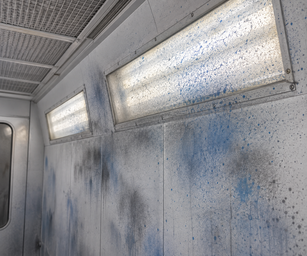 paint overspray damage on a spray booth wall and light strip