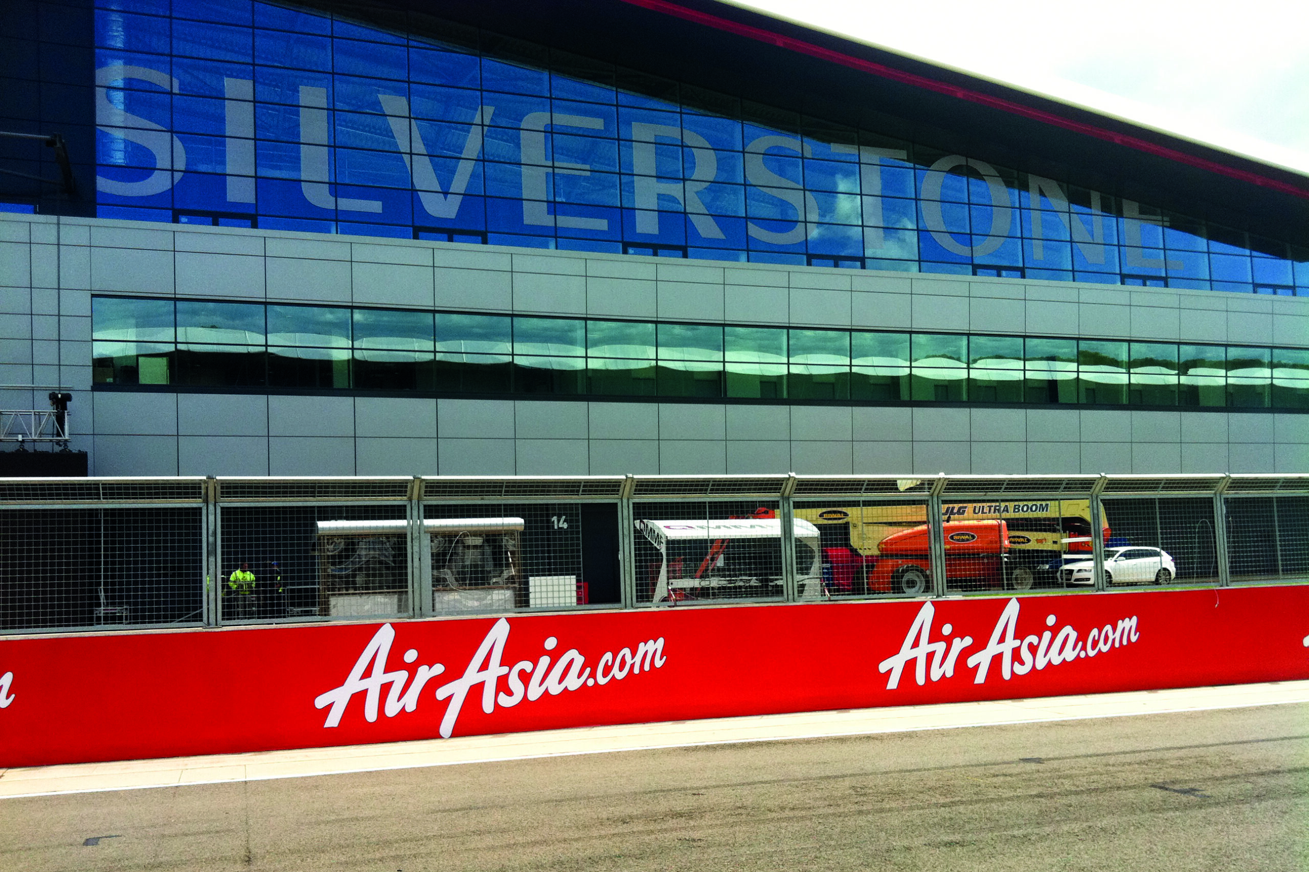 temporary advertising on concrete pit wall at silverstone circuit using Protectapeel