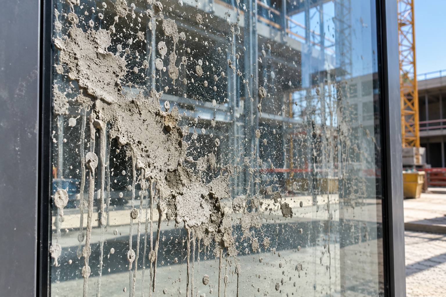Cement covered glass on a construction site